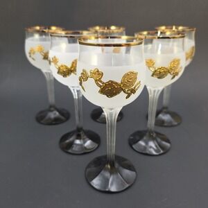 6 Wine glasses Frosted, Gold Trim, Black Base, Hand Painted Gold Flowers On Vine